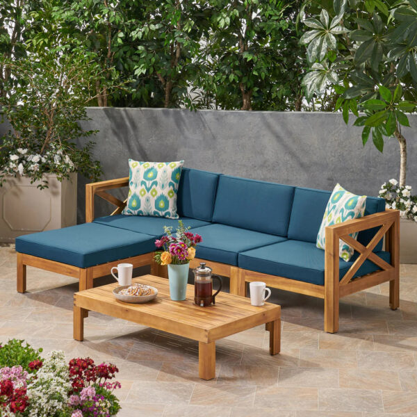 Mamie Outdoor Acacia Wood Sofa Set